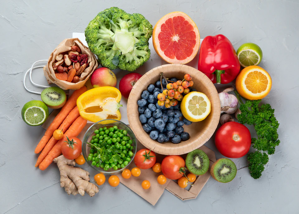 Fresh colorful fruits and vegetables rich in natural vitamins